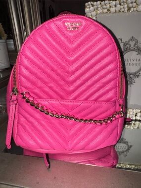 Victoria's Secret Bright Pink Quilted Chevron Mini Backpack with Gold Chain